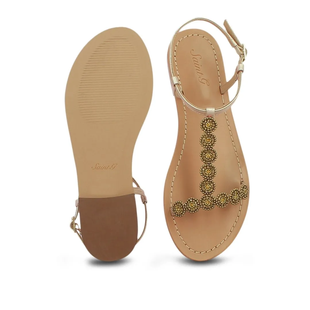 Adele Metallic Platin Leather With gold Embroidery Sandals