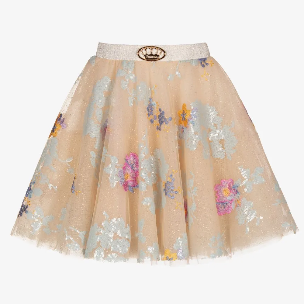 Beige Tulle Embroidered Skirt 