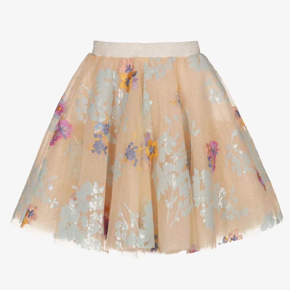 Beige Tulle Embroidered Skirt 