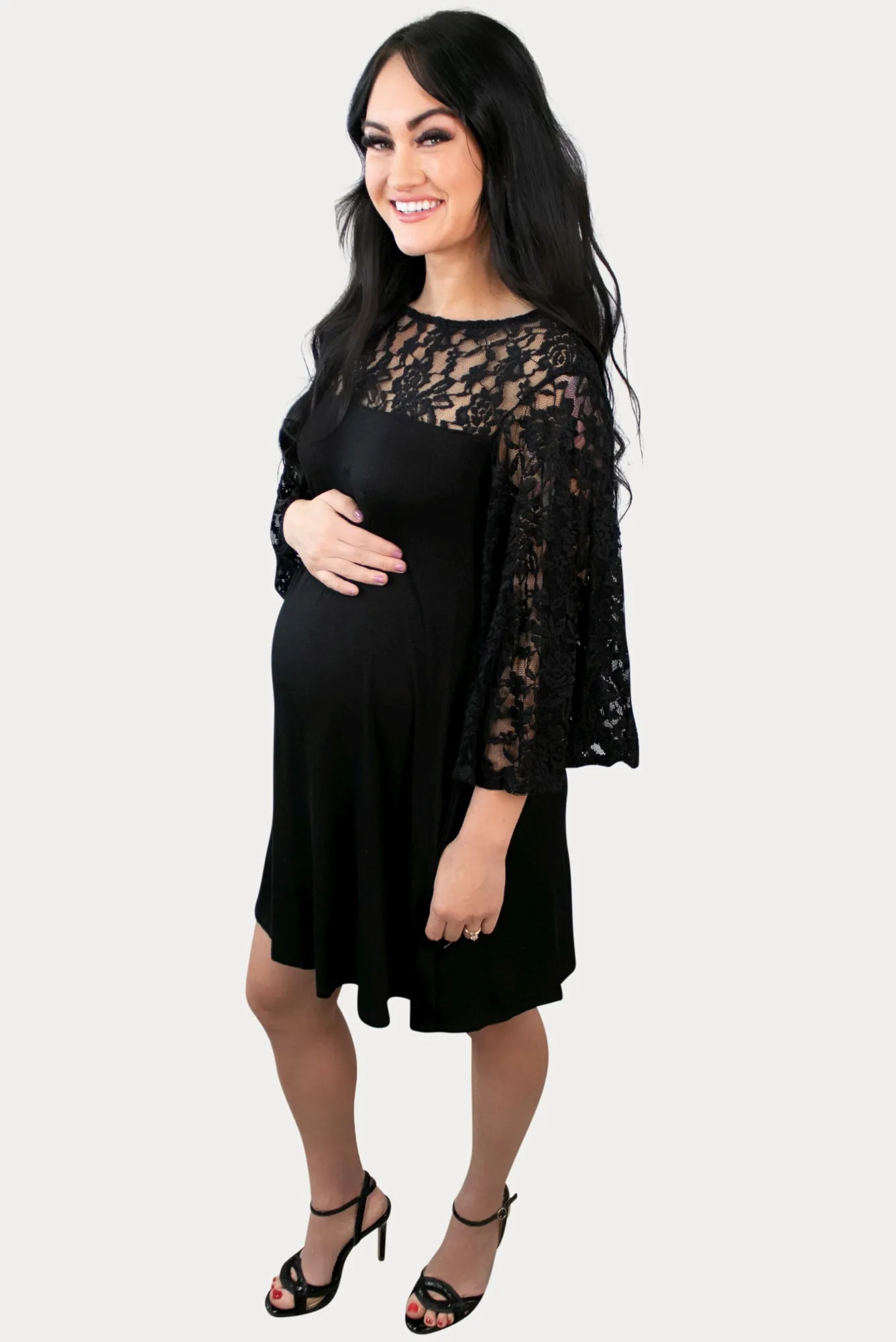 Black Lace Maternity Dress with Flowy Sleeves