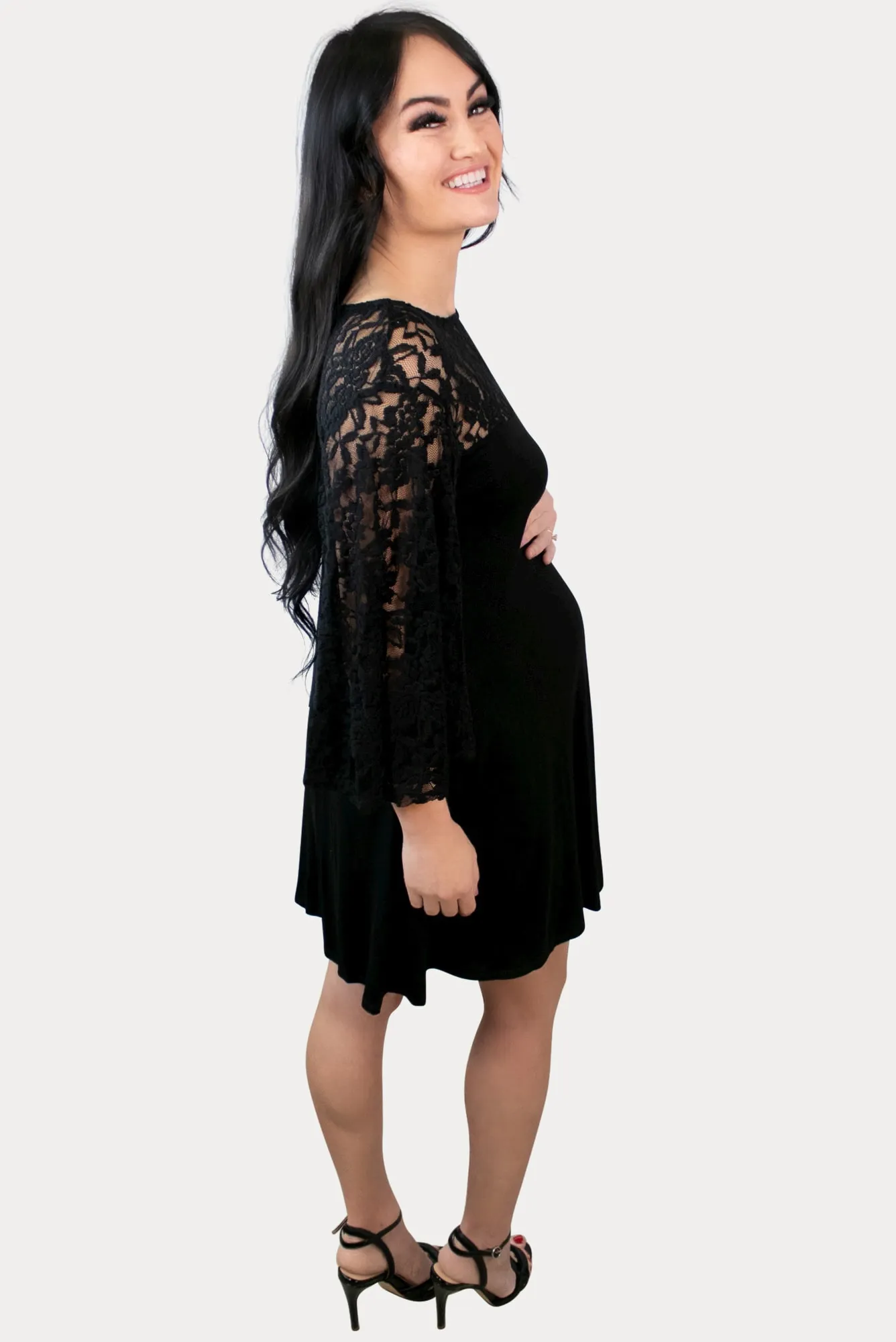 Black Lace Maternity Dress with Flowy Sleeves