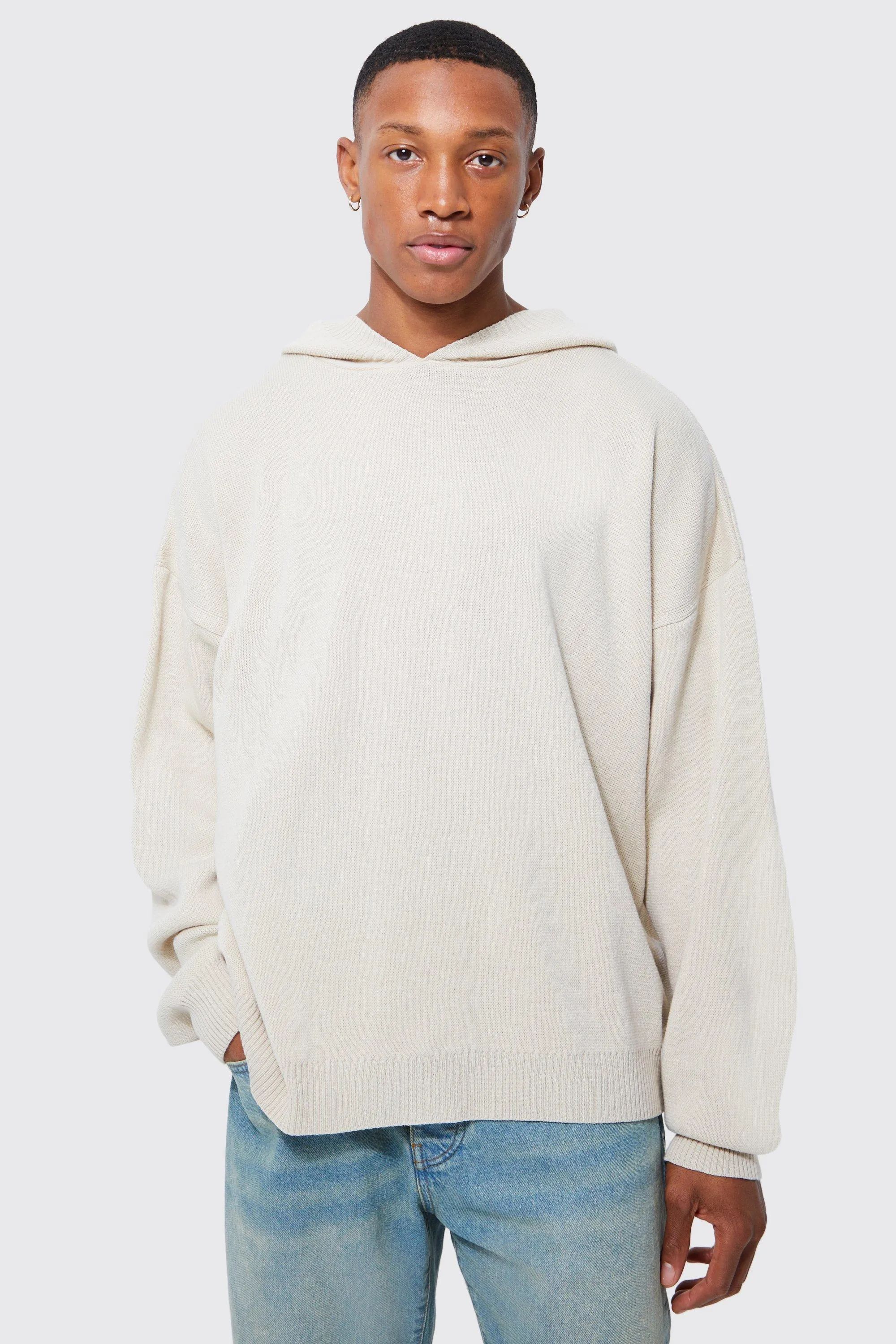 Brushed Boxy Dropped Shoulder Knitted Hoodie | boohooMAN UK