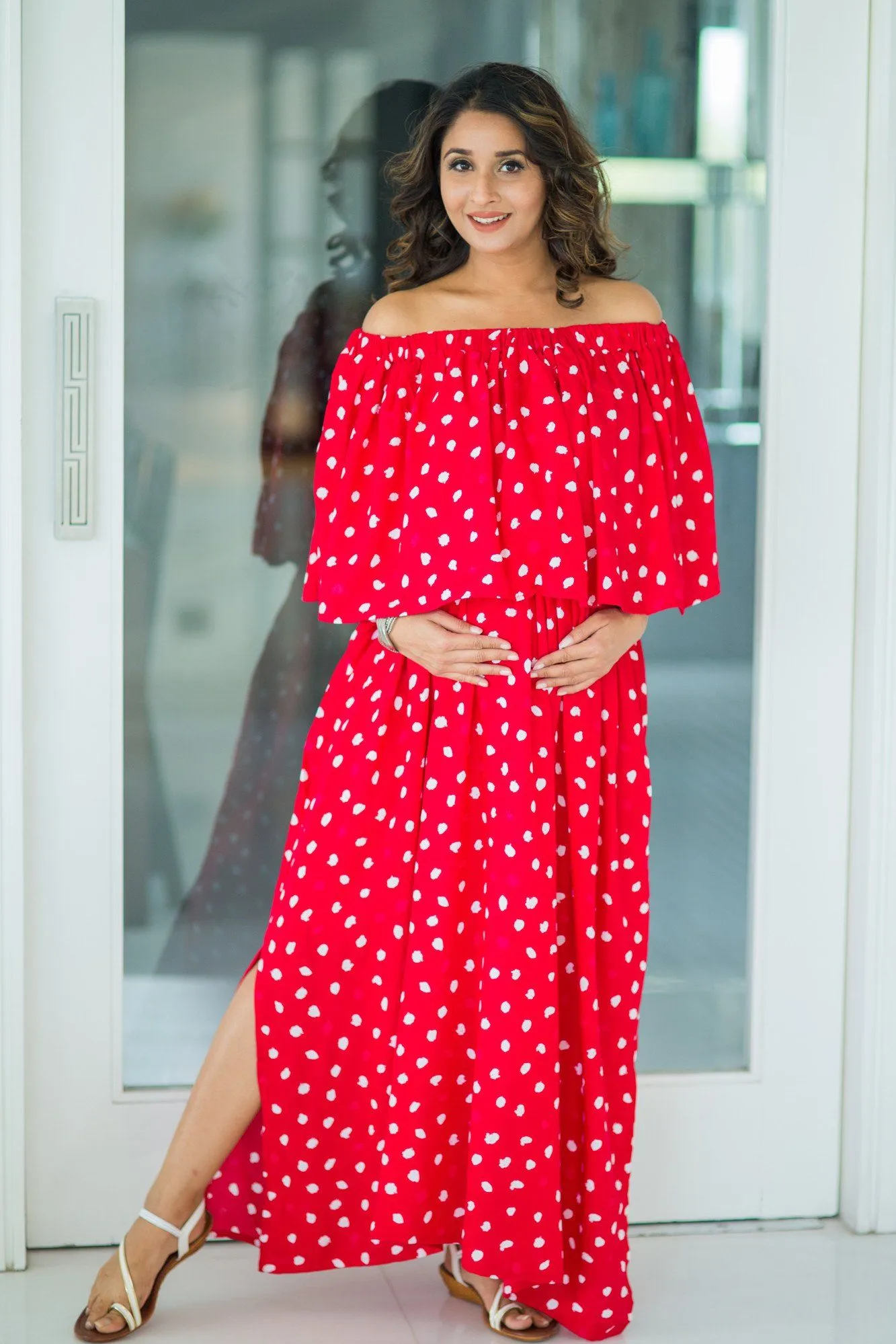 Cherry Red Off-Shoulder Maternity Maxi Dress