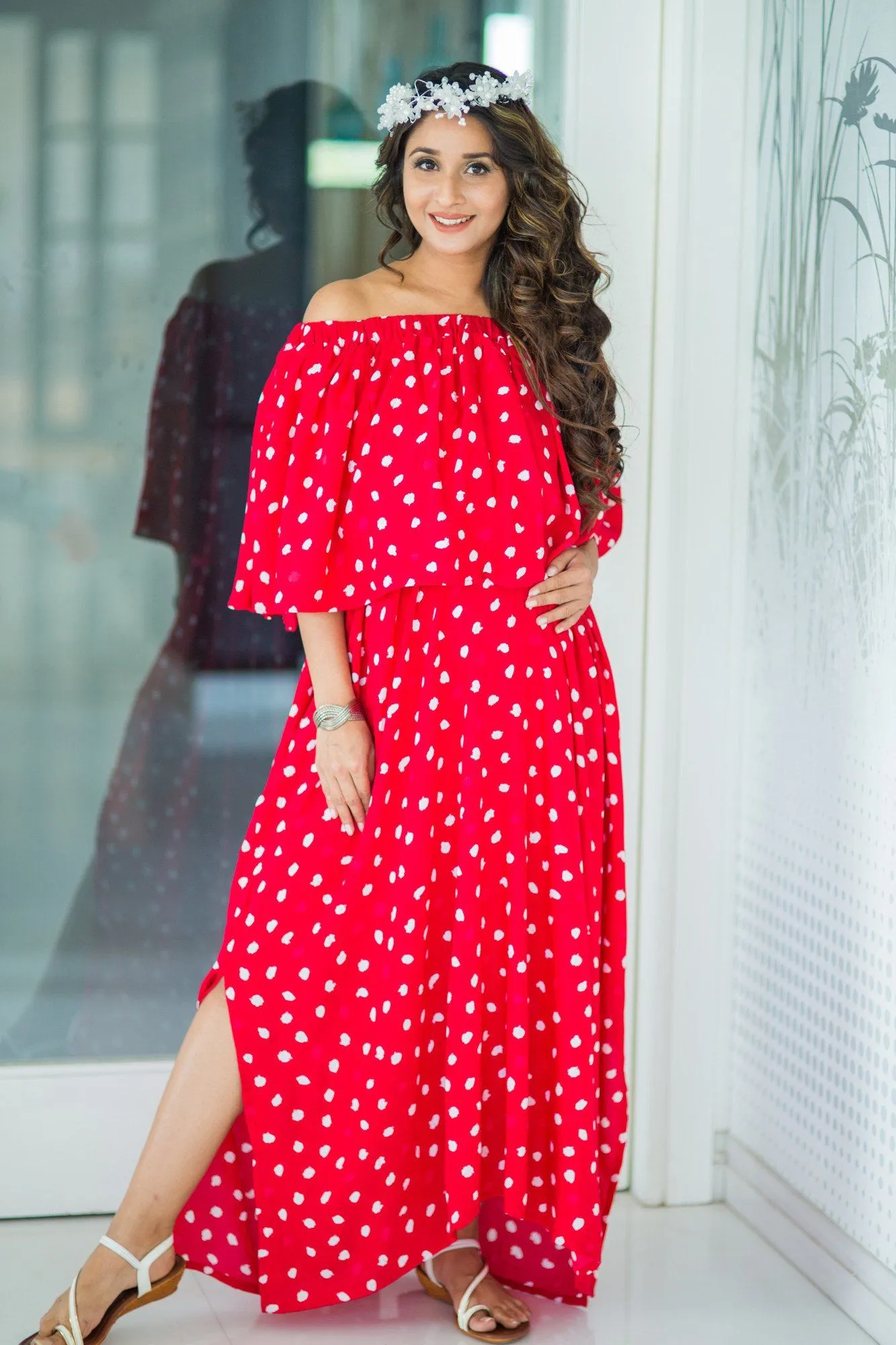 Cherry Red Off-Shoulder Maternity Maxi Dress