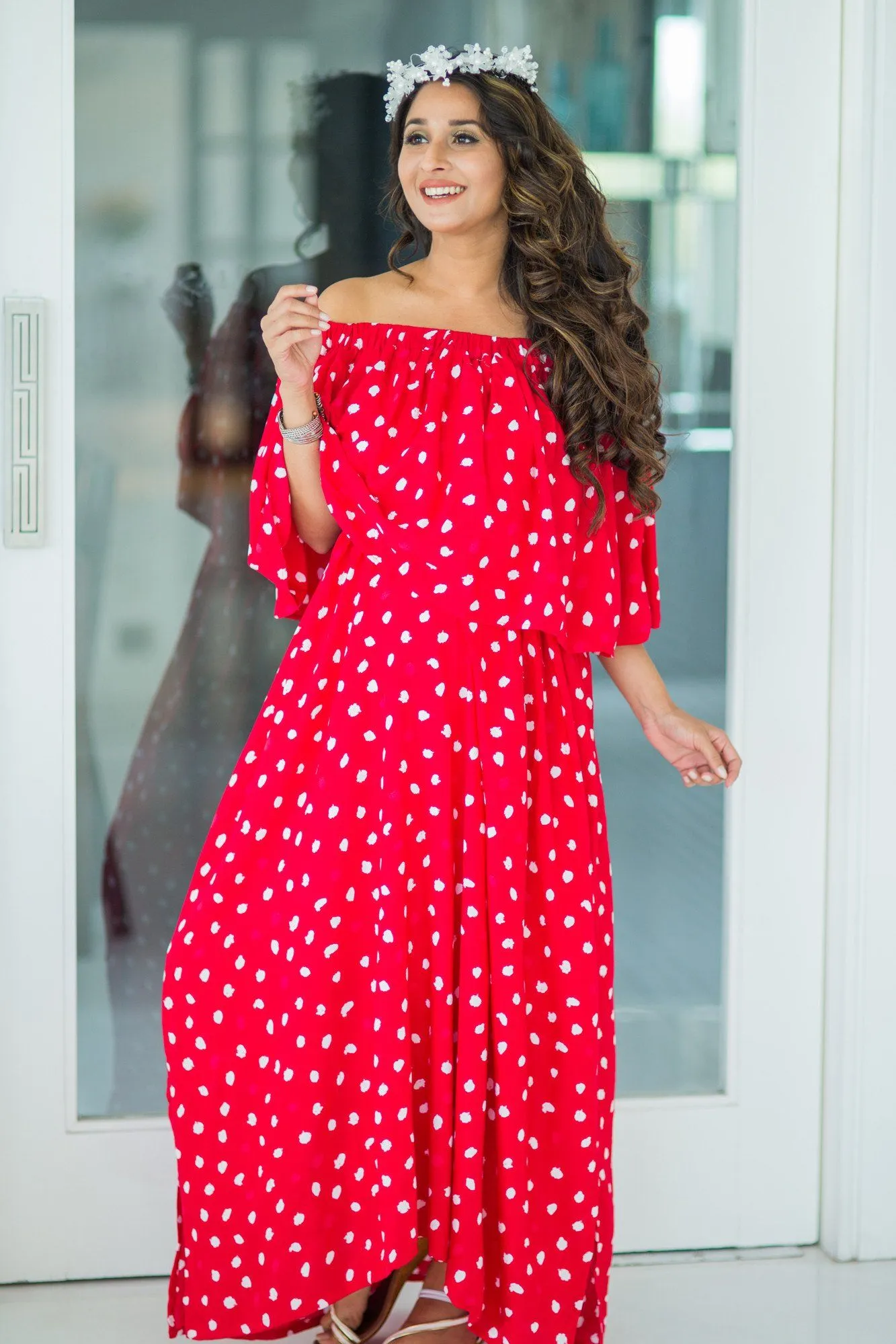 Cherry Red Off-Shoulder Maternity Maxi Dress