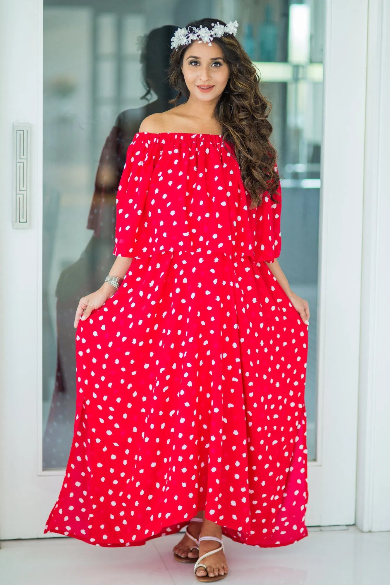 Cherry Red Off-Shoulder Maternity Maxi Dress