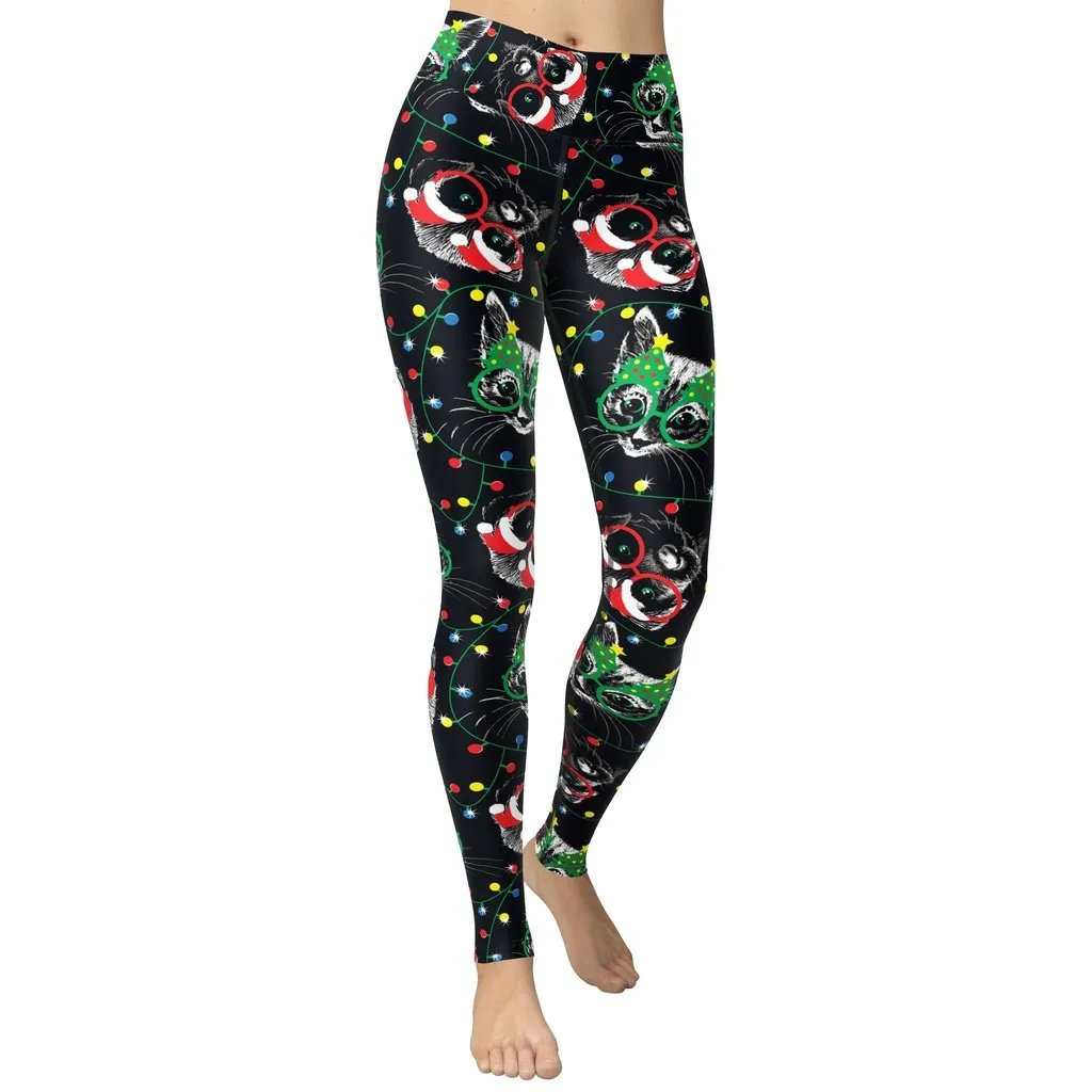 Christmas Lights & Cats Yoga Leggings