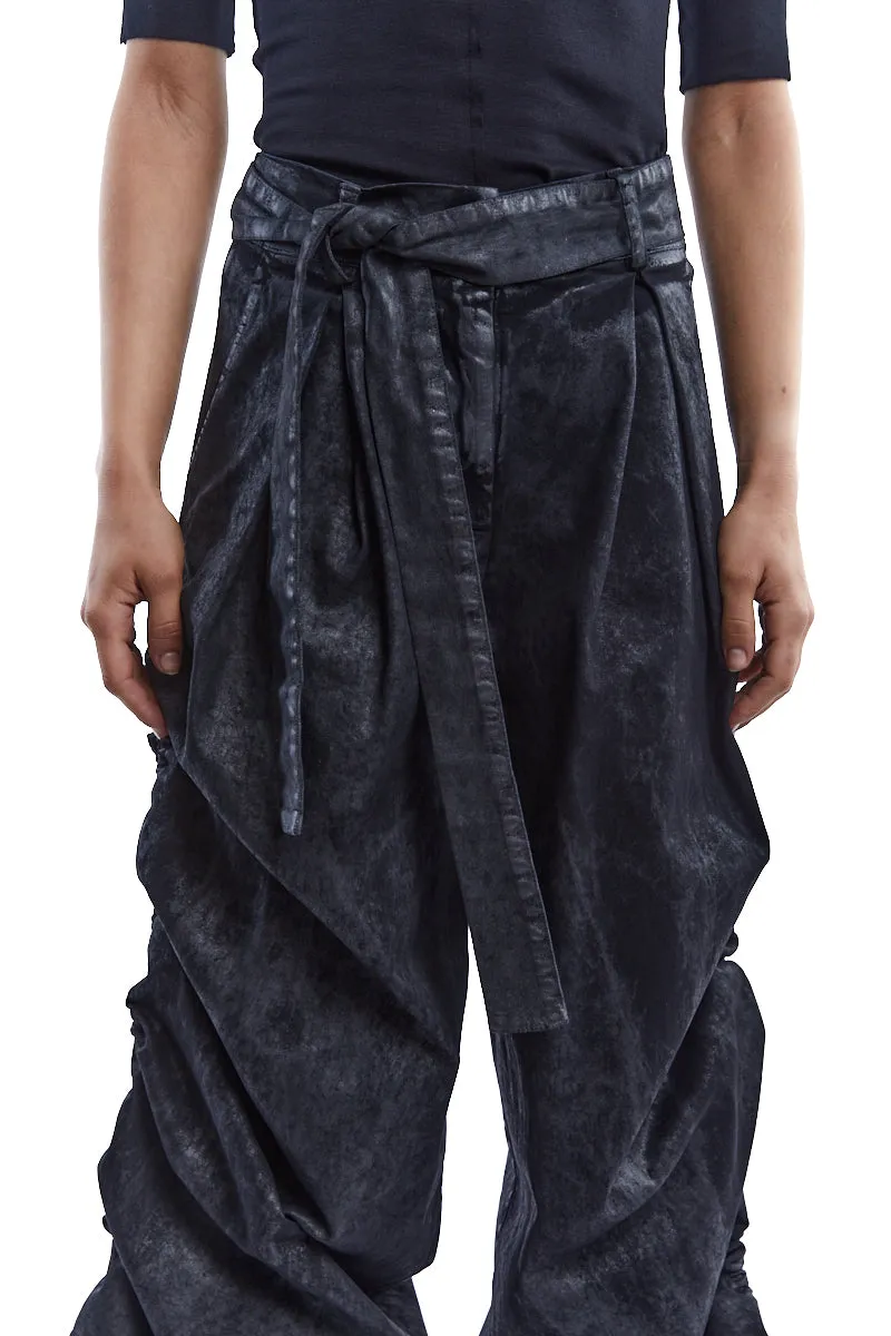 COATED STRETCH GABARDINA WIDE TROUSERS