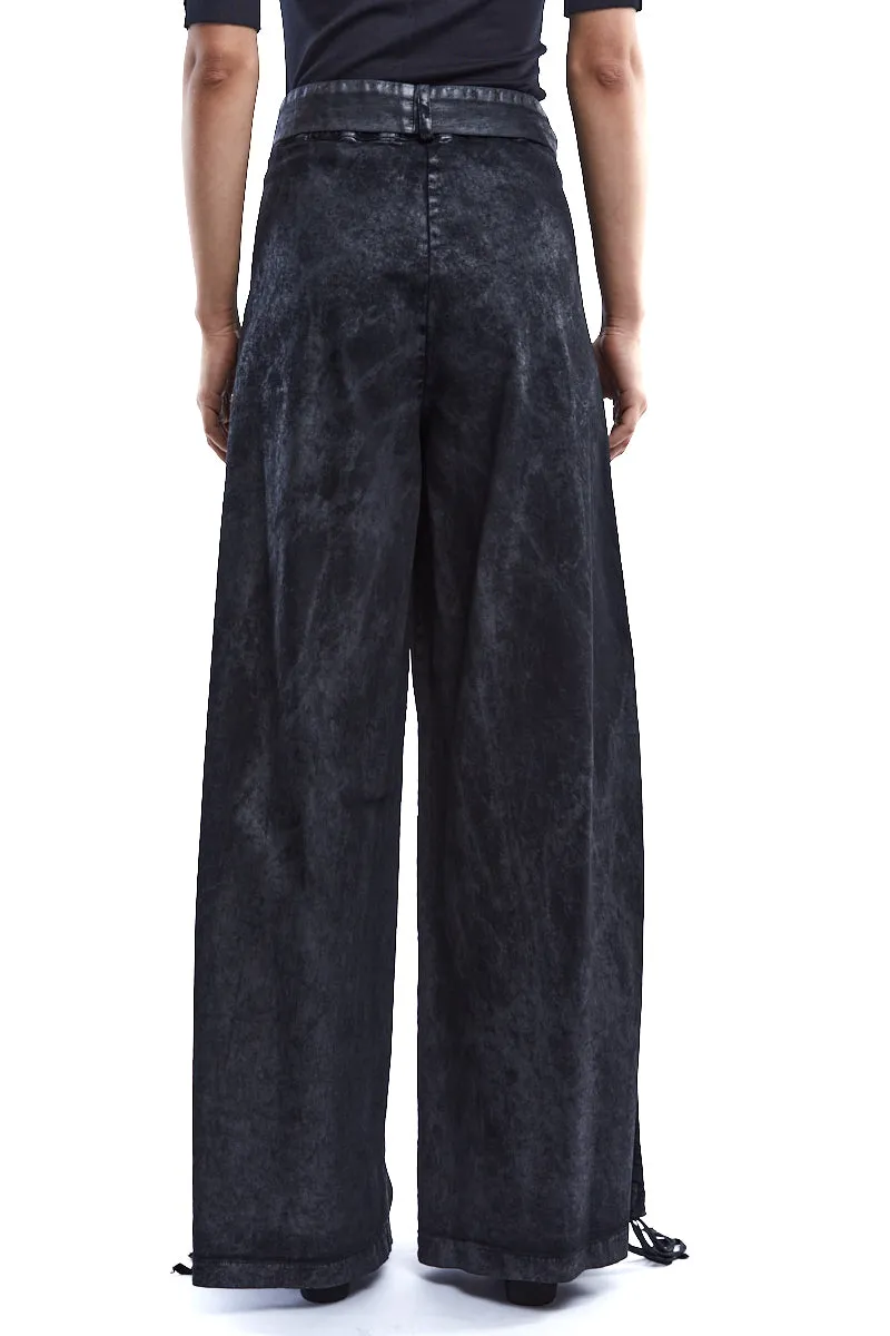 COATED STRETCH GABARDINA WIDE TROUSERS