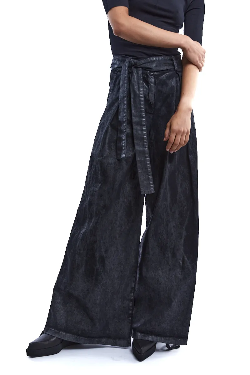 COATED STRETCH GABARDINA WIDE TROUSERS