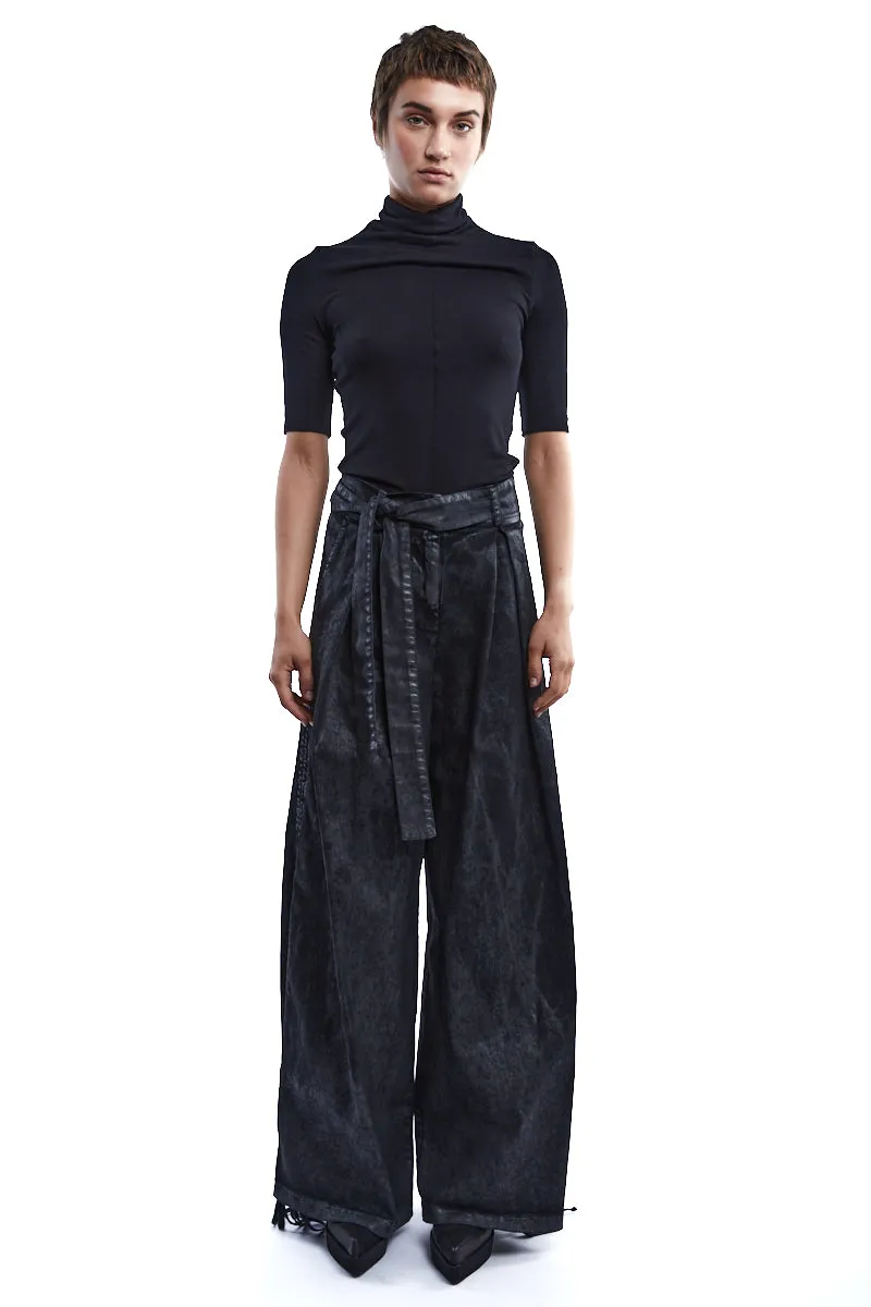 COATED STRETCH GABARDINA WIDE TROUSERS