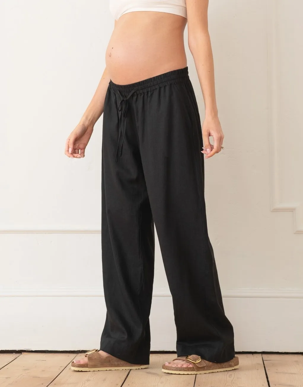 Elan | Wide-Leg Linen-Blend Under Bump Maternity Trousers