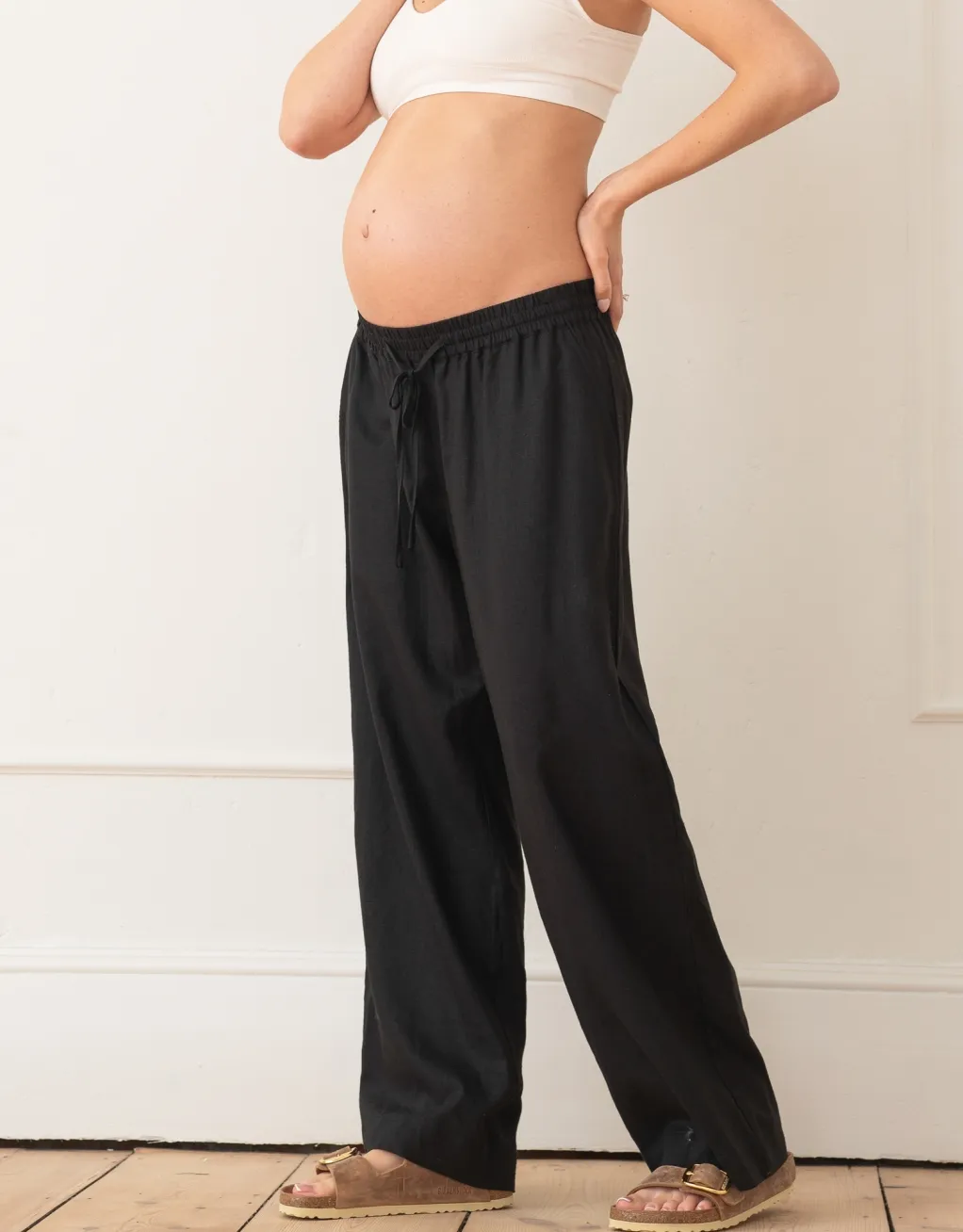 Elan | Wide-Leg Linen-Blend Under Bump Maternity Trousers