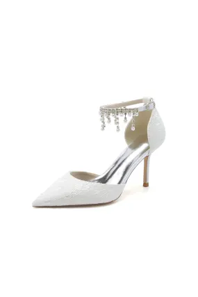 Elegant White Ankle Strap Pearl Beaded Wedding Shoes