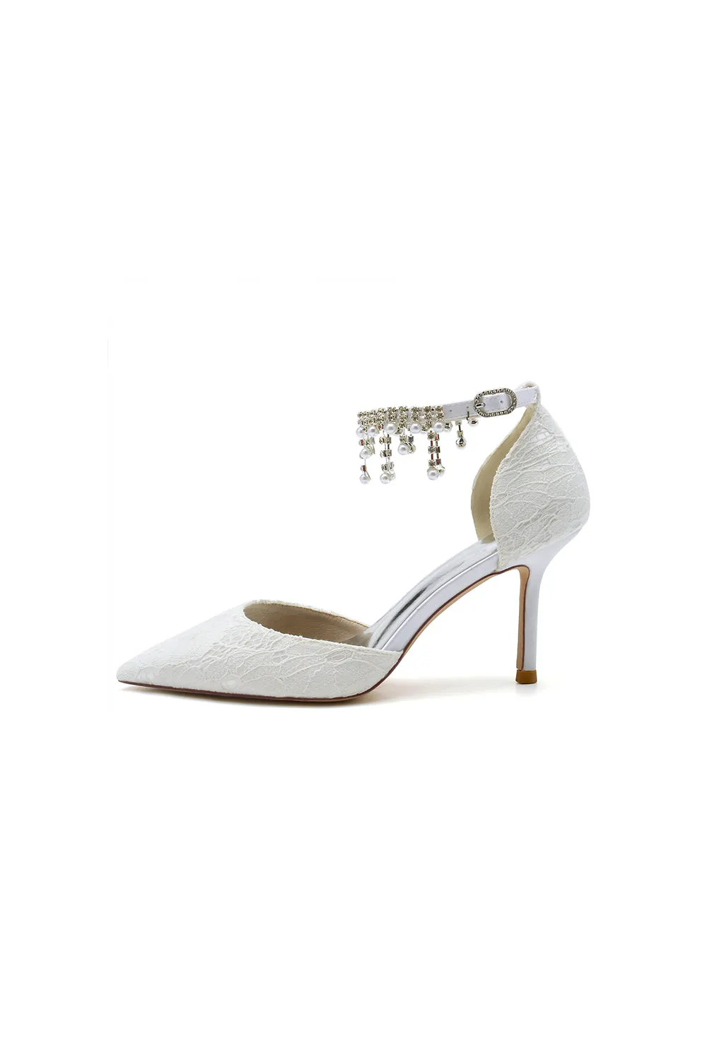 Elegant White Ankle Strap Pearl Beaded Wedding Shoes