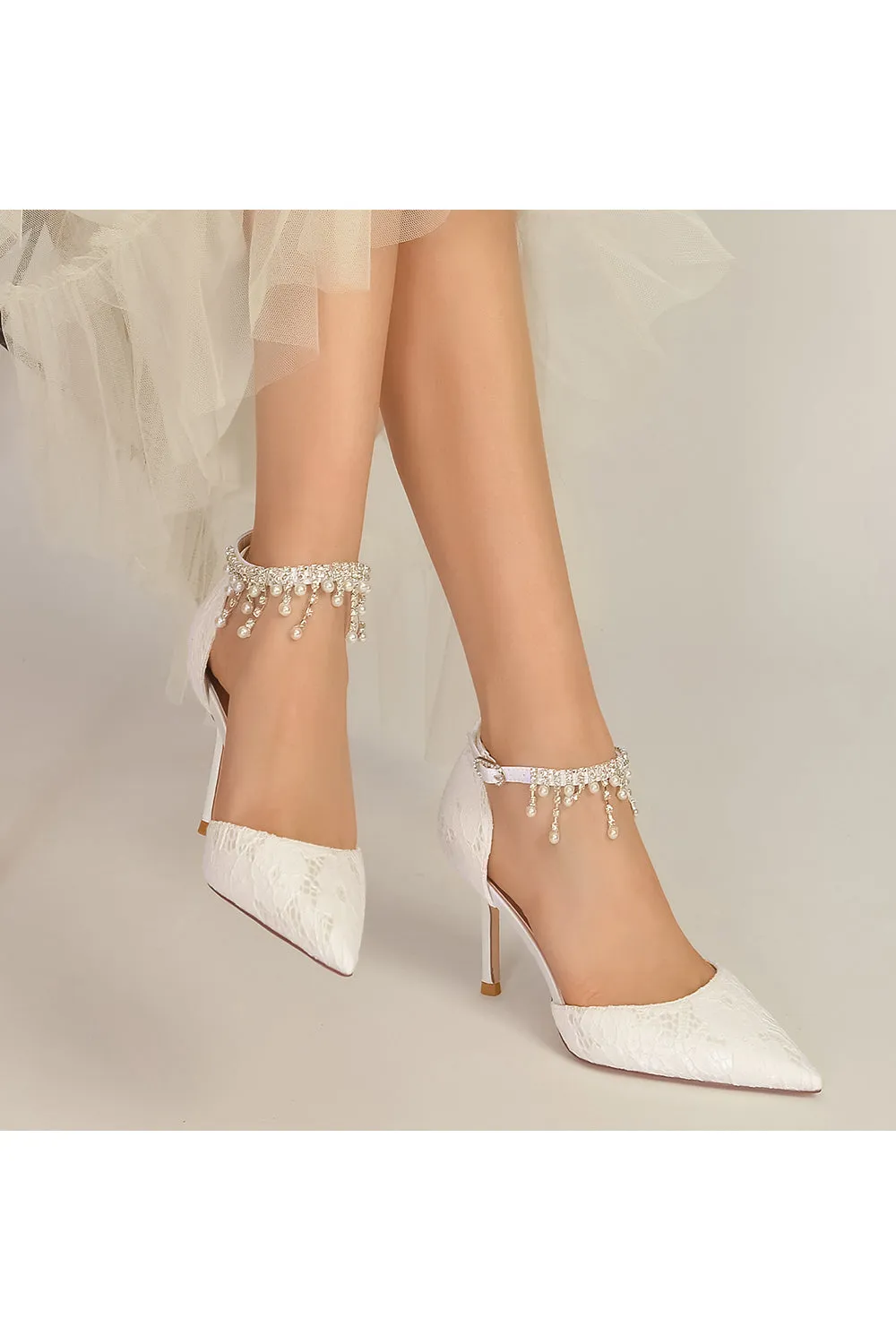 Elegant White Ankle Strap Pearl Beaded Wedding Shoes