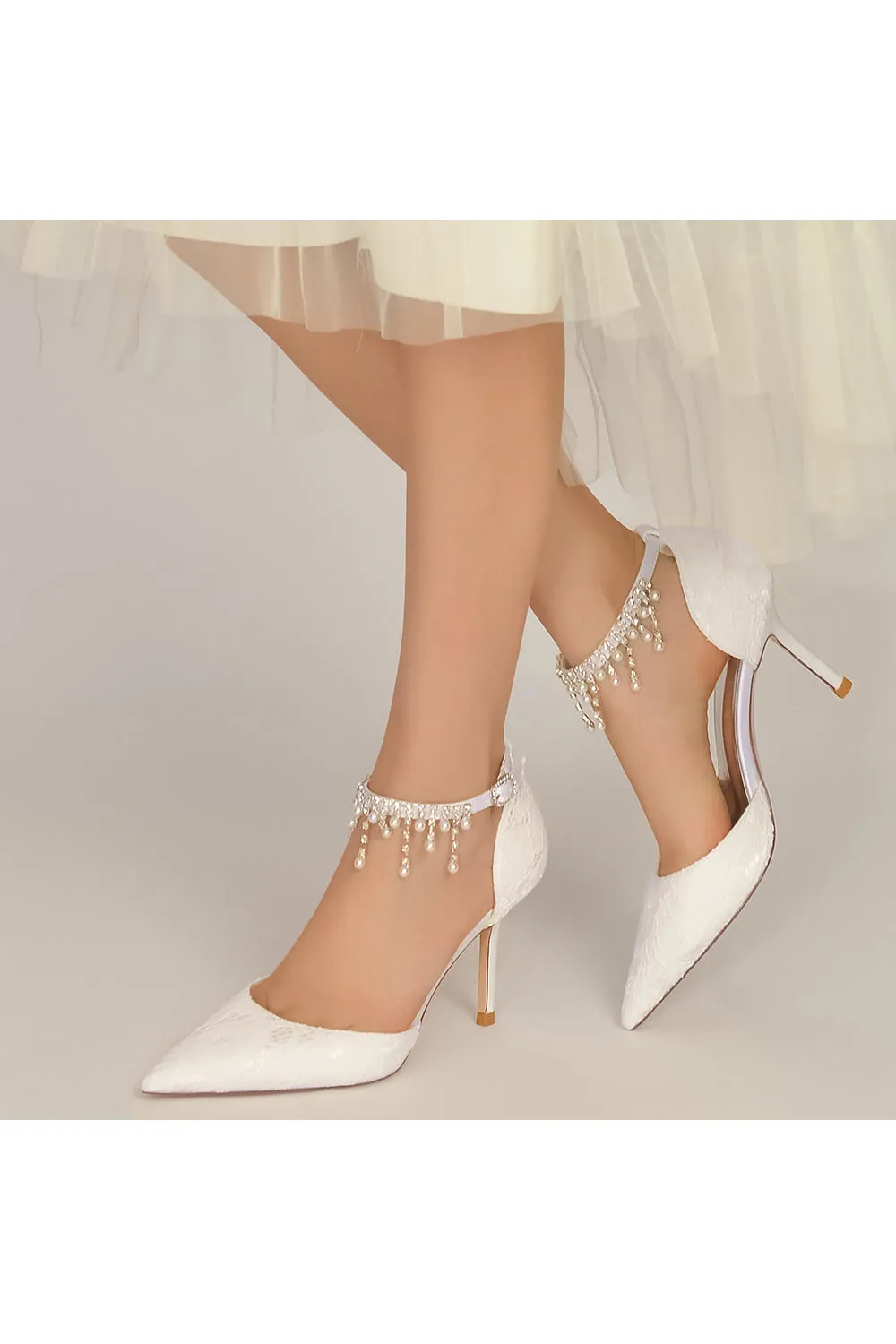 Elegant White Ankle Strap Pearl Beaded Wedding Shoes