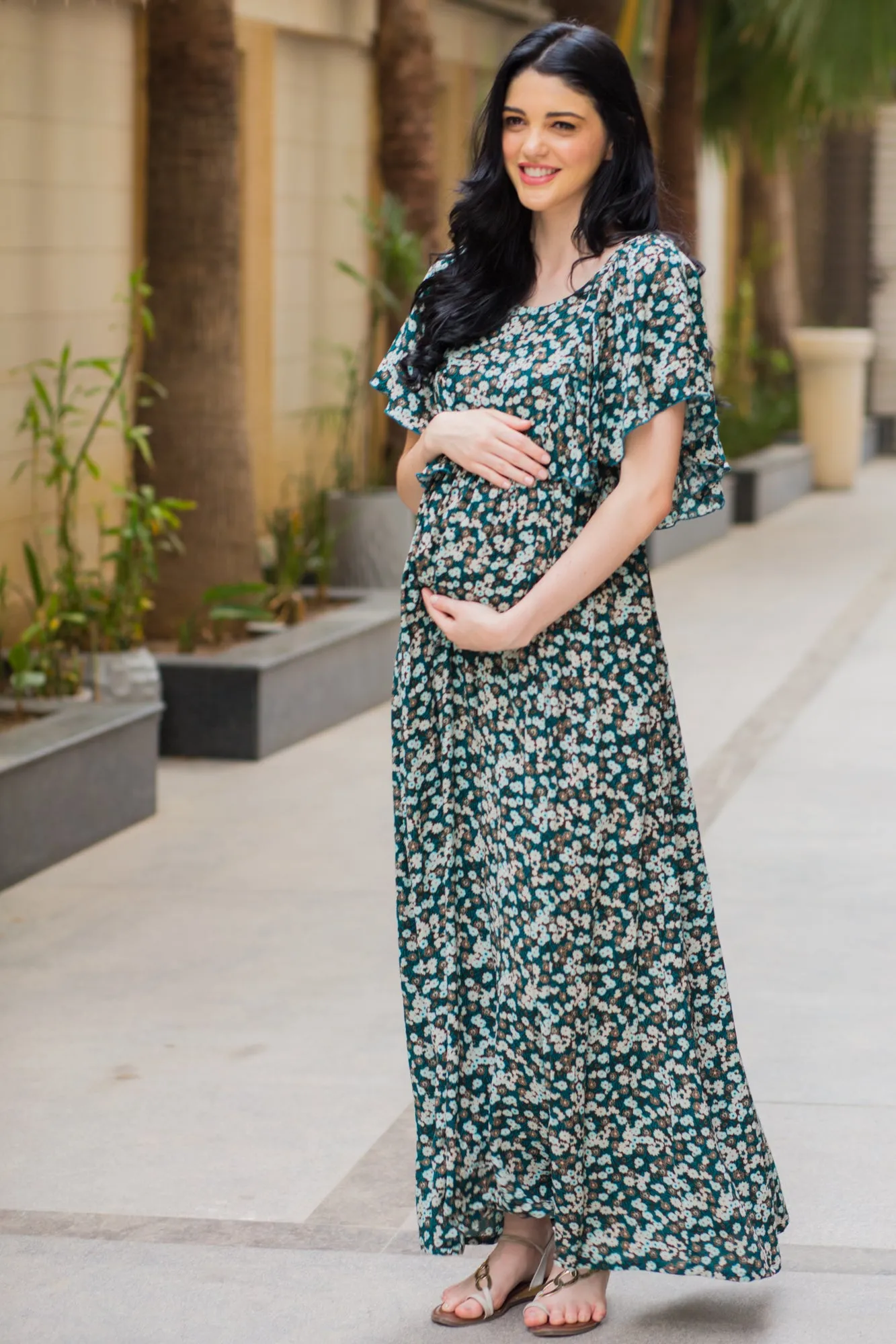 Exquisite Green Berry Maternity & Nursing Flap Dress