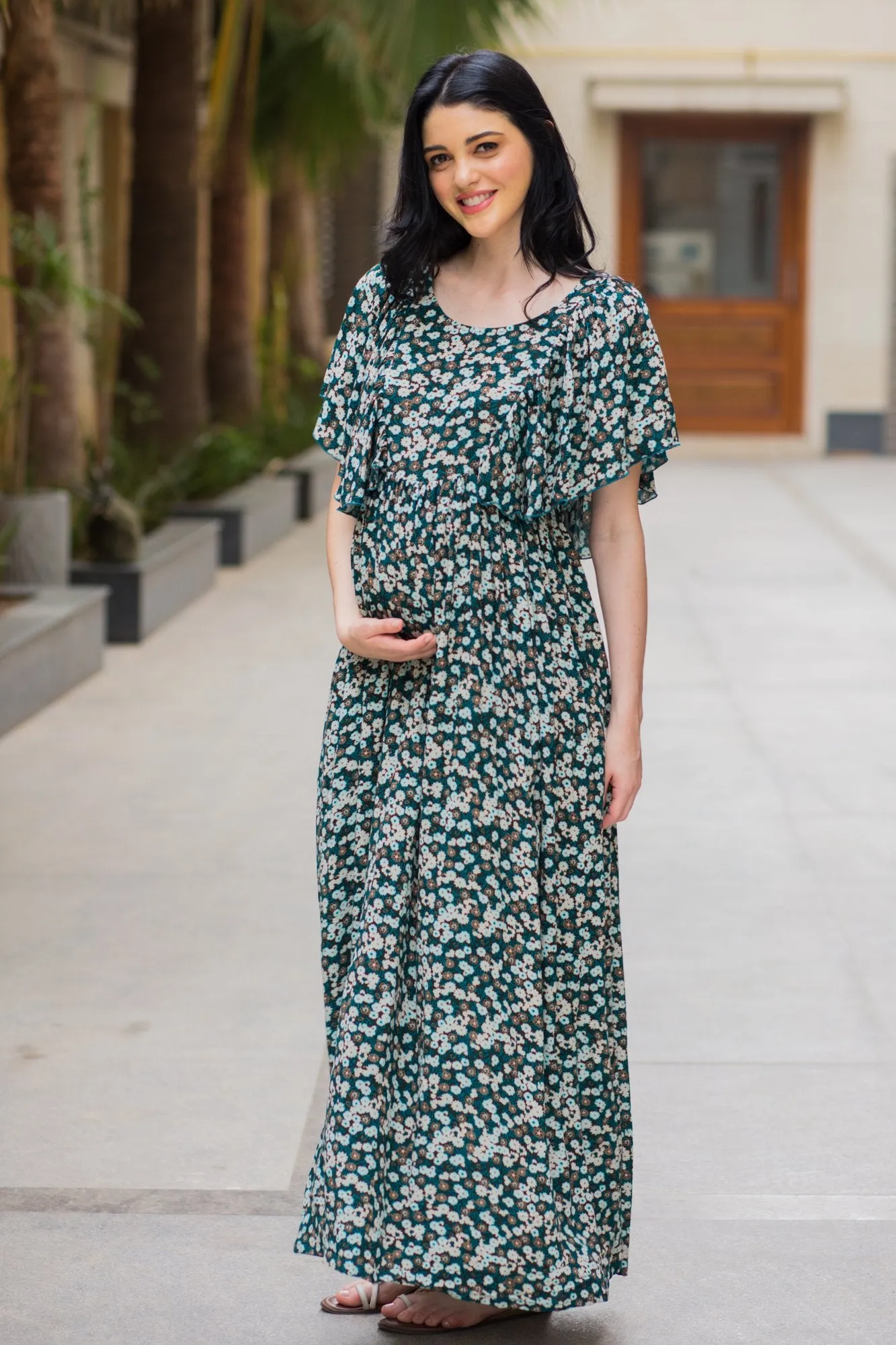 Exquisite Green Berry Maternity & Nursing Flap Dress