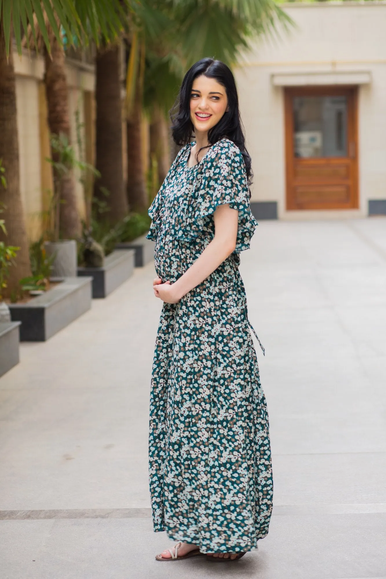 Exquisite Green Berry Maternity & Nursing Flap Dress