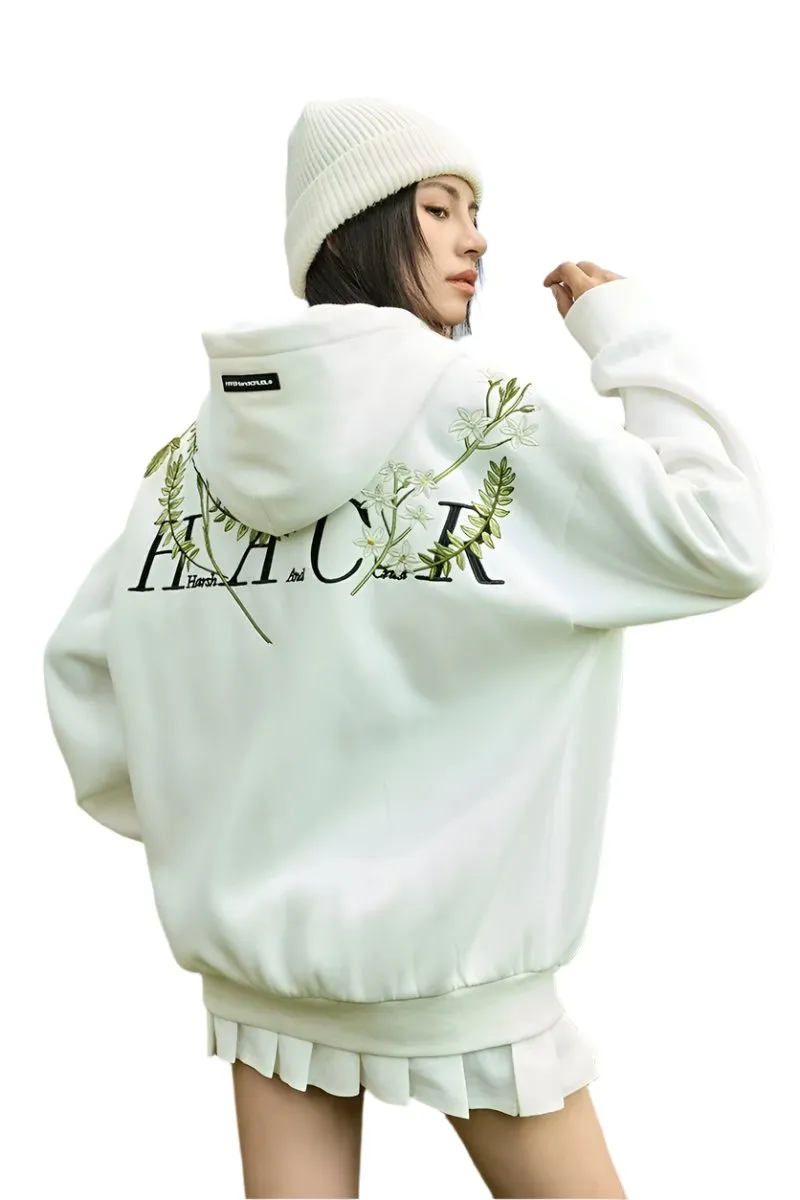 Floral Embroidered Hooded Fleece Jacket