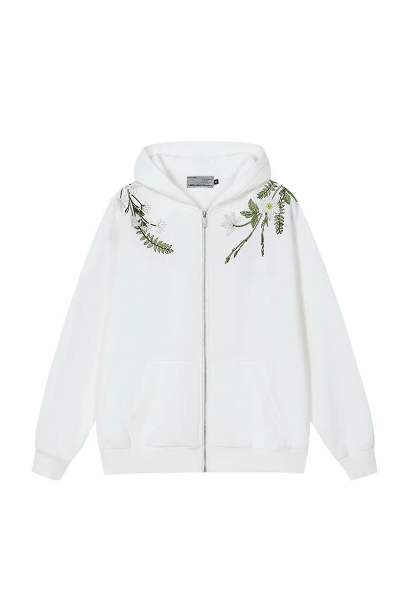 Floral Embroidered Hooded Fleece Jacket