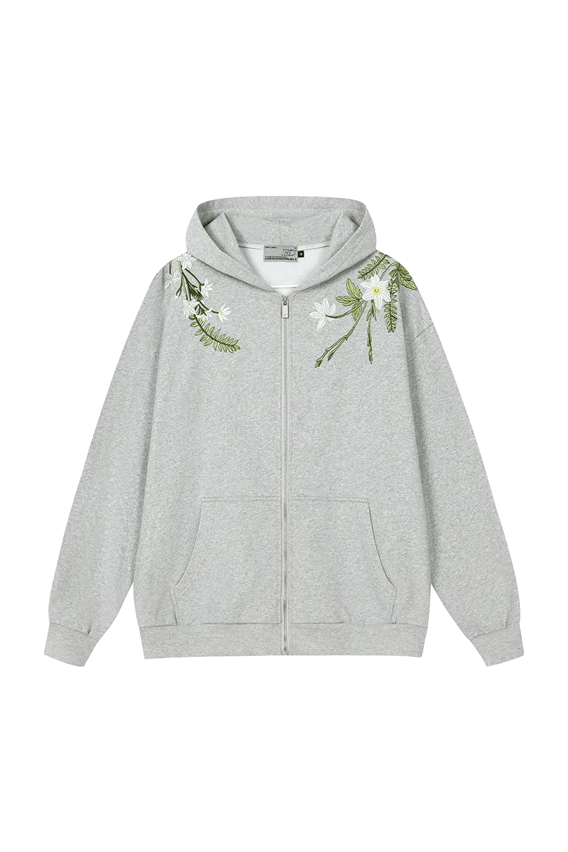 Floral Embroidered Hooded Fleece Jacket