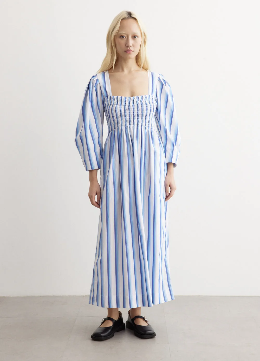 Ganni -  Stripe Open-Neck Smock Long Dress - Dress