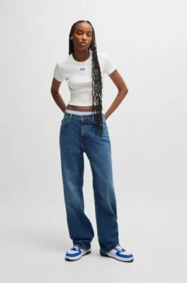 Long-length straight-fit jeans in blue stretch denim