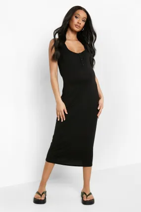 Maternity Button Neck Bodycon Midi Dress