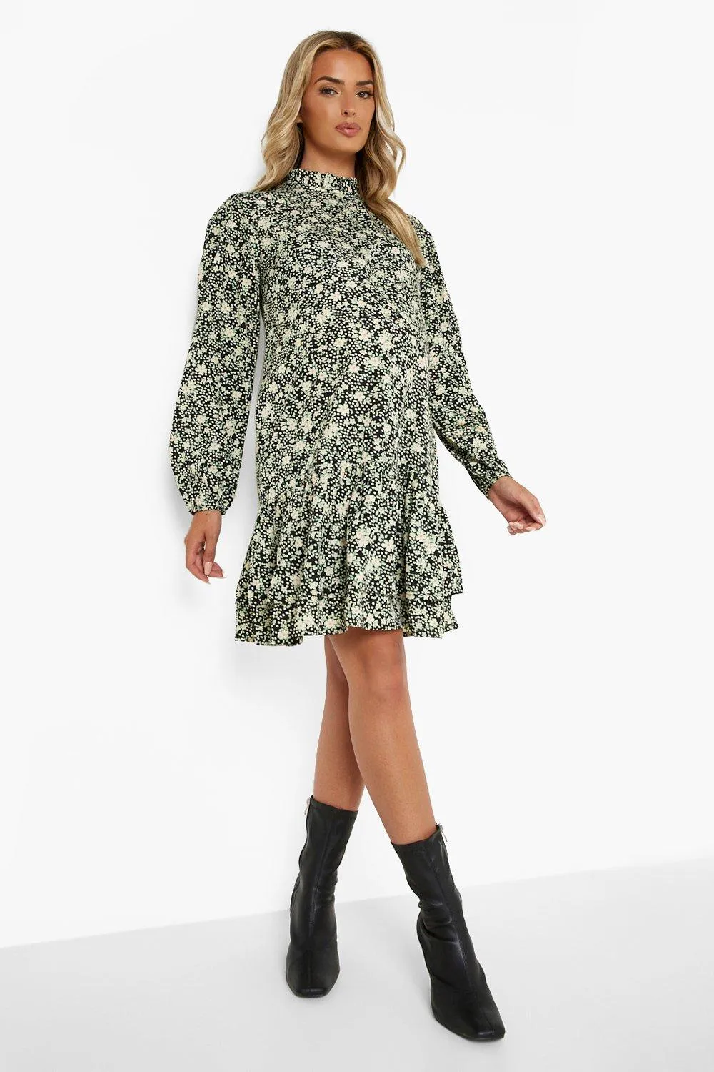 Maternity Floral High Neck Smock Dress