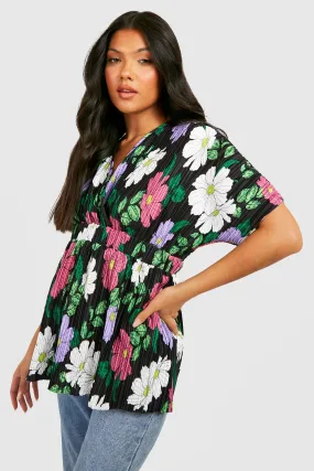 Maternity Floral Plisse Wrap Peplum Top