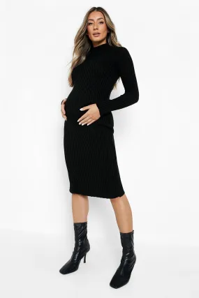 Maternity Rib Knit High Neck Midi Dress