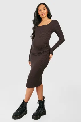 Maternity Rib Square Neck Midi Dress