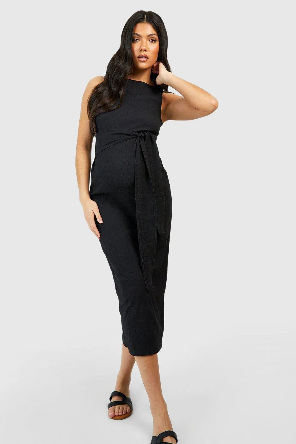 Maternity Textured Belted Maxi Dress