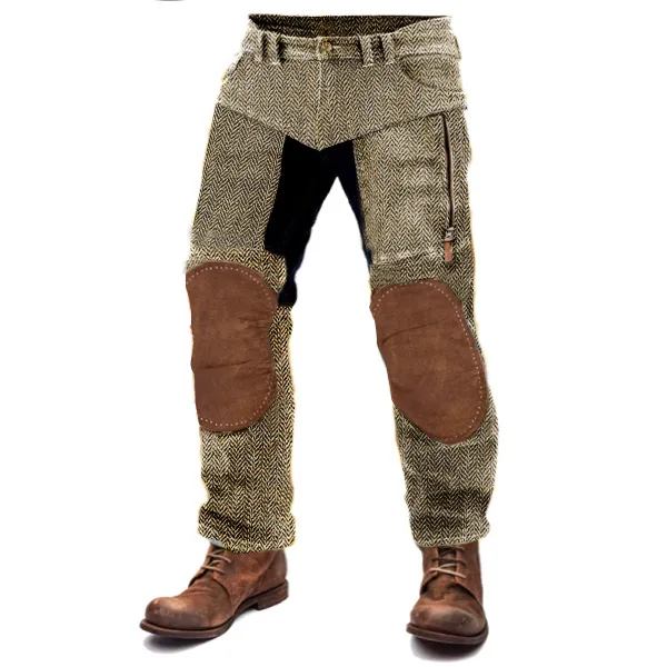 Men's Herringbone Straight Pants Outdoor Vintage Suede Knee Splicing Zippered Pocket Trousers 