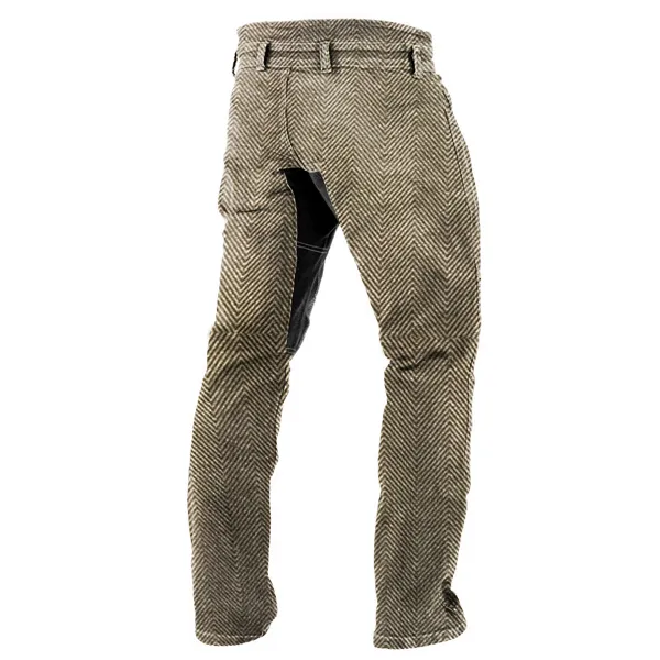 Men's Herringbone Straight Pants Outdoor Vintage Suede Knee Splicing Zippered Pocket Trousers 