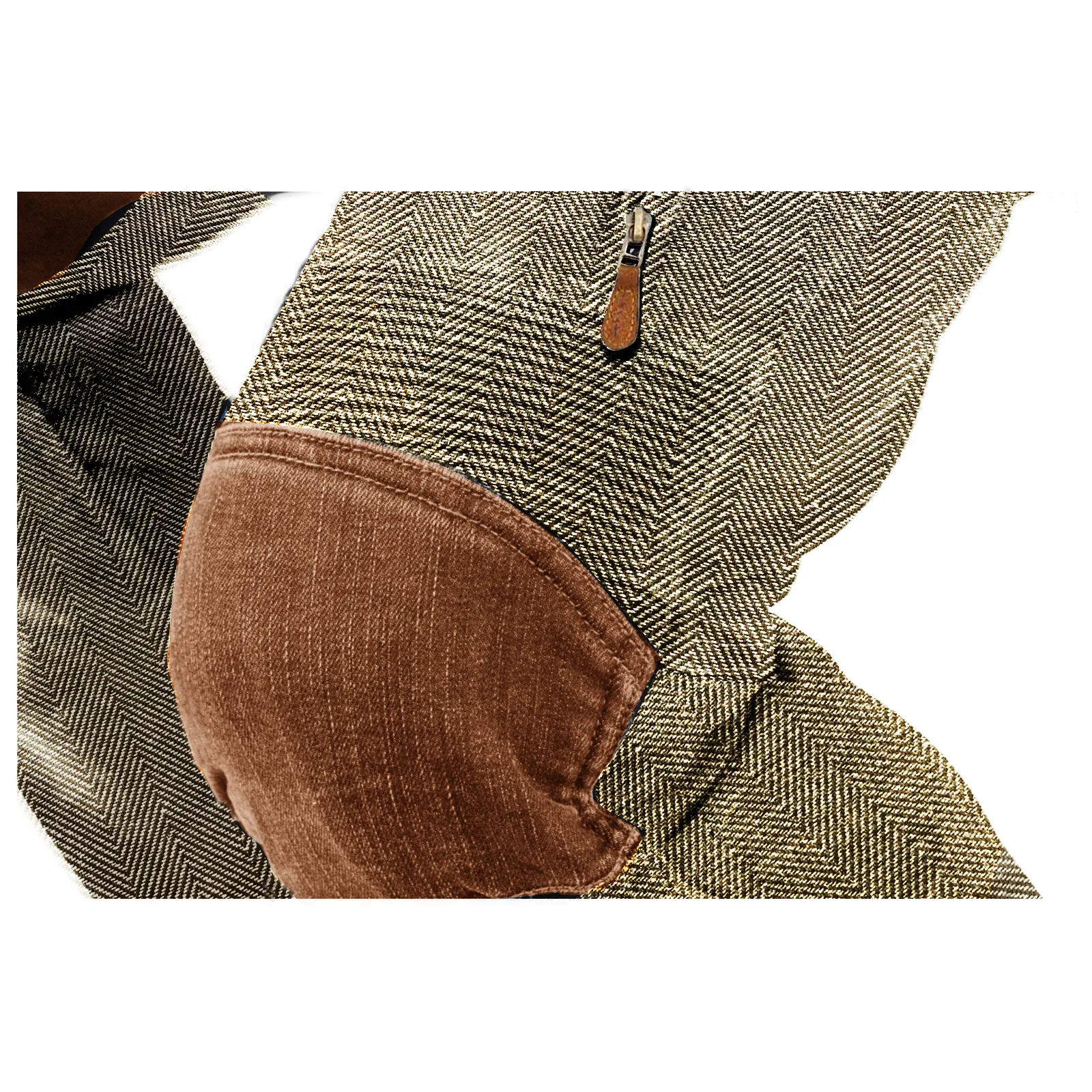 Men's Herringbone Straight Pants Outdoor Vintage Suede Knee Splicing Zippered Pocket Trousers 