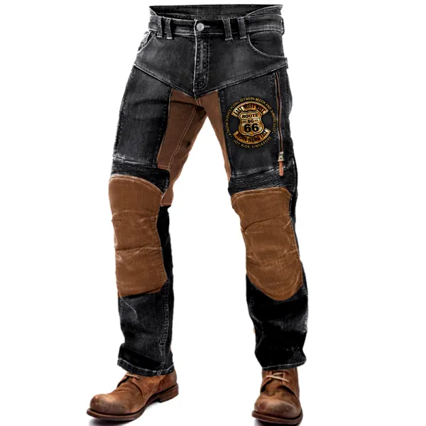 Men's Route 66 Motorcycle Pants Outdoor Vintage Yellowstone Washed Cotton Washed Zippered Pocket Trousers 