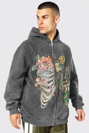 Oversized Acid Wash Ribcage Zip Hoodie | boohooMAN UK