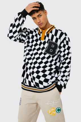 Oversized Checkerboard Badge Knitted Polo