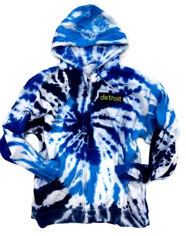 Peak Detroit Patch Hoodie, Limited Edition Blue Swirl Tie Dye. Unisex Zip Up Hooded Sweatshirt