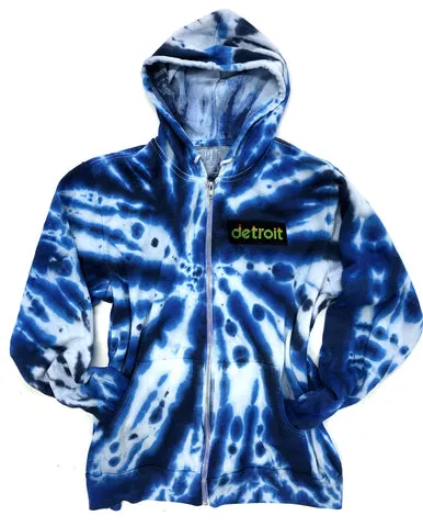 Peak Detroit Patch Hoodie, Limited Edition Blue Swirl Tie Dye. Unisex Zip Up Hooded Sweatshirt