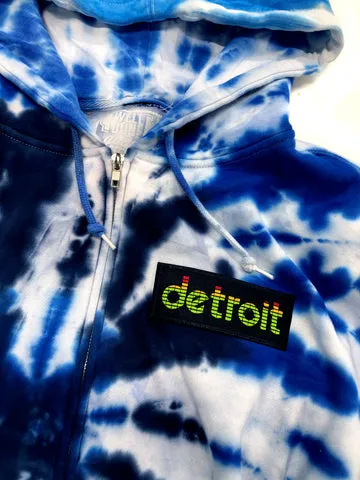 Peak Detroit Patch Hoodie, Limited Edition Blue Swirl Tie Dye. Unisex Zip Up Hooded Sweatshirt