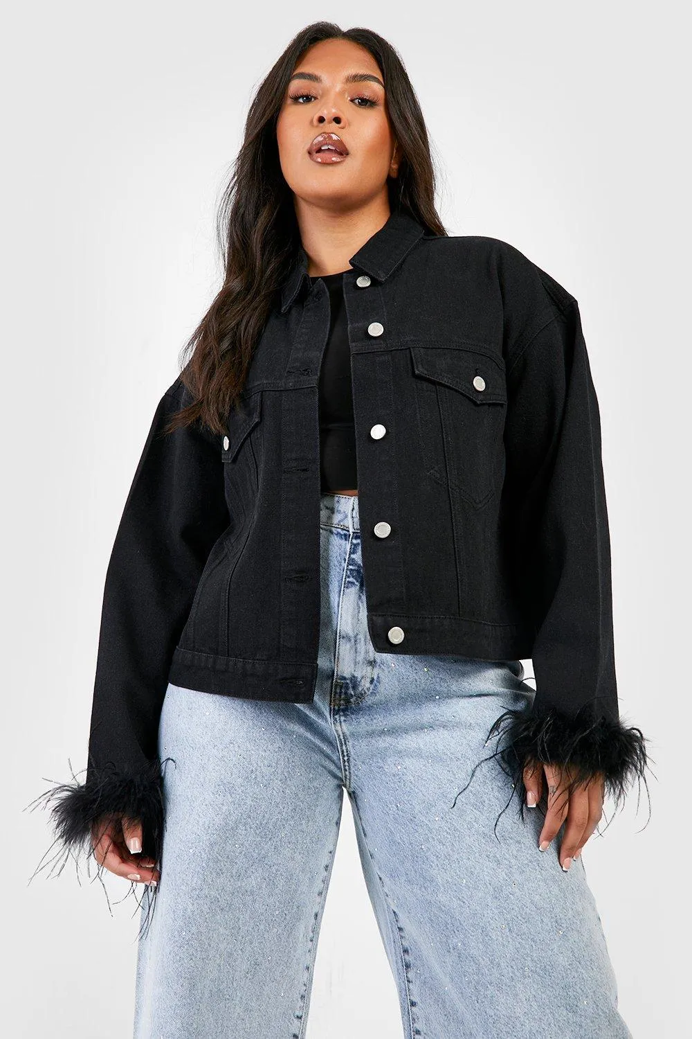 Plus Feather Cuff Oversized Denim Jacket