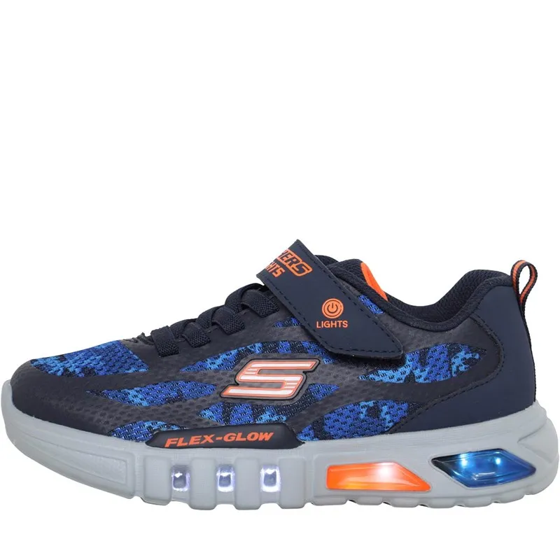 SKECHERS Junior Boys S Lights Flex Glow Rondler Trainers Navy/Orange