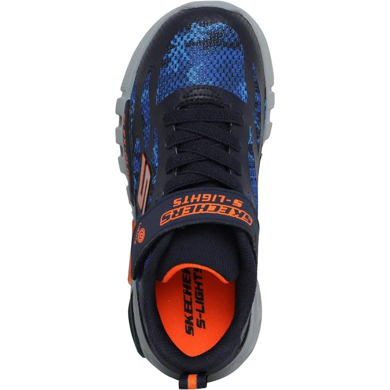 SKECHERS Junior Boys S Lights Flex Glow Rondler Trainers Navy/Orange