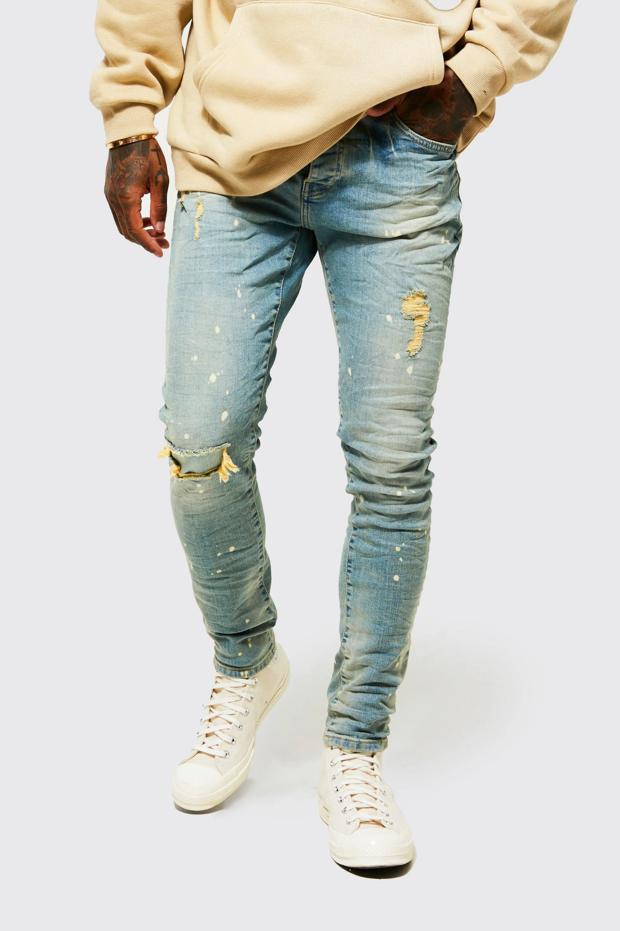 Skinny Bust Knee Paint Splatter Crinkle Jeans