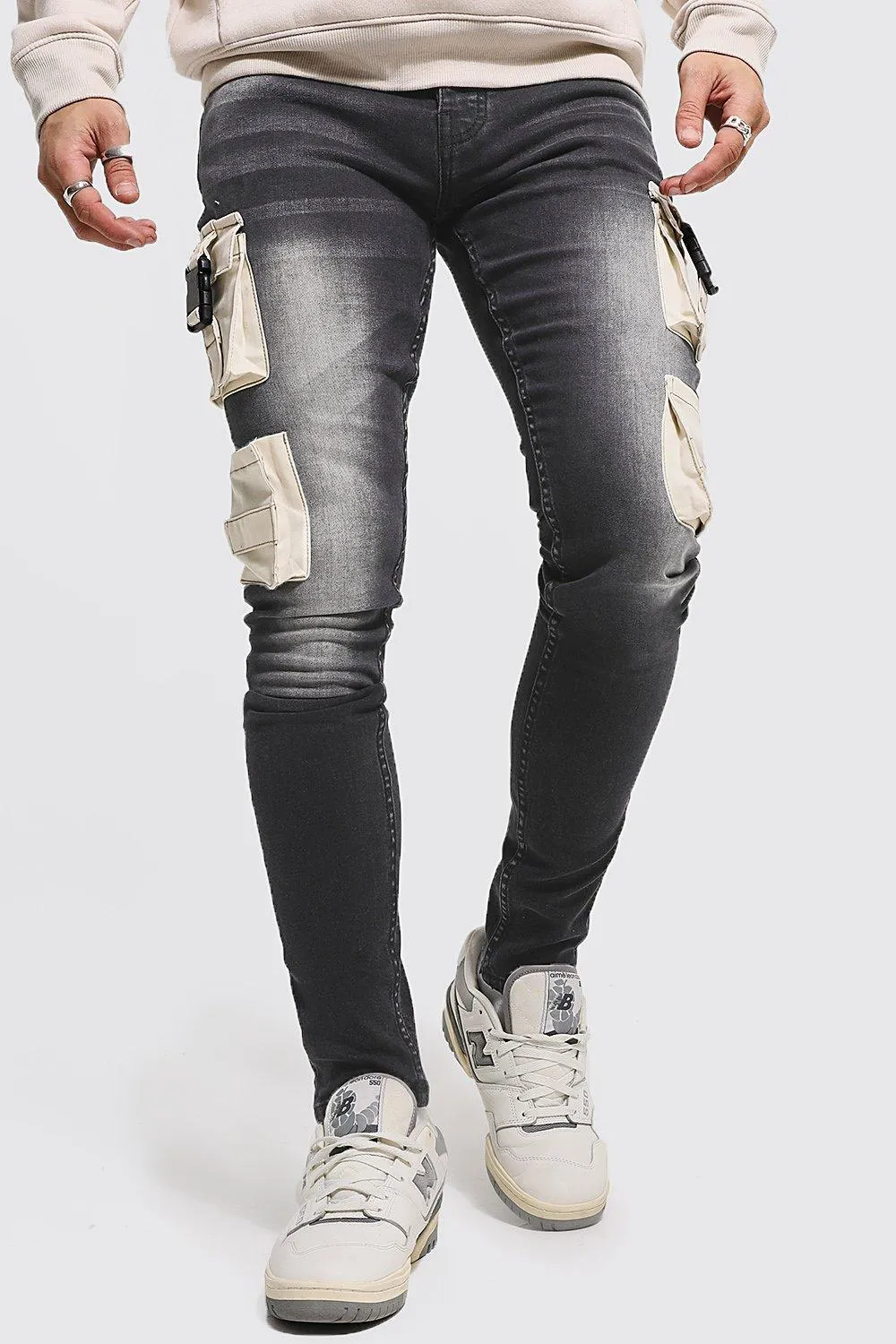 Skinny Stacked Contrast Pocket Cargo Jeans