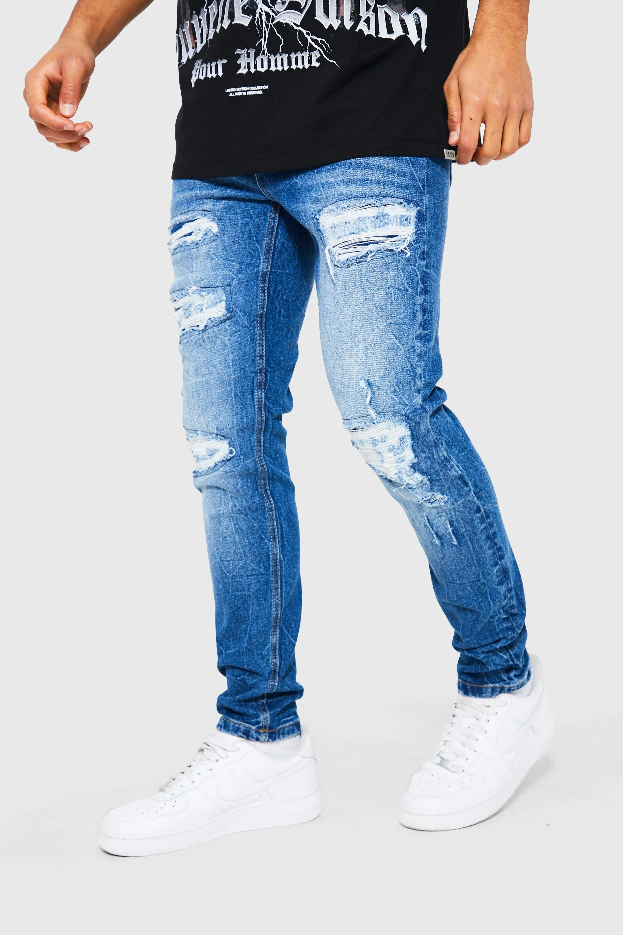 Skinny Stretch Busted Knee Rip & Repair Jeans